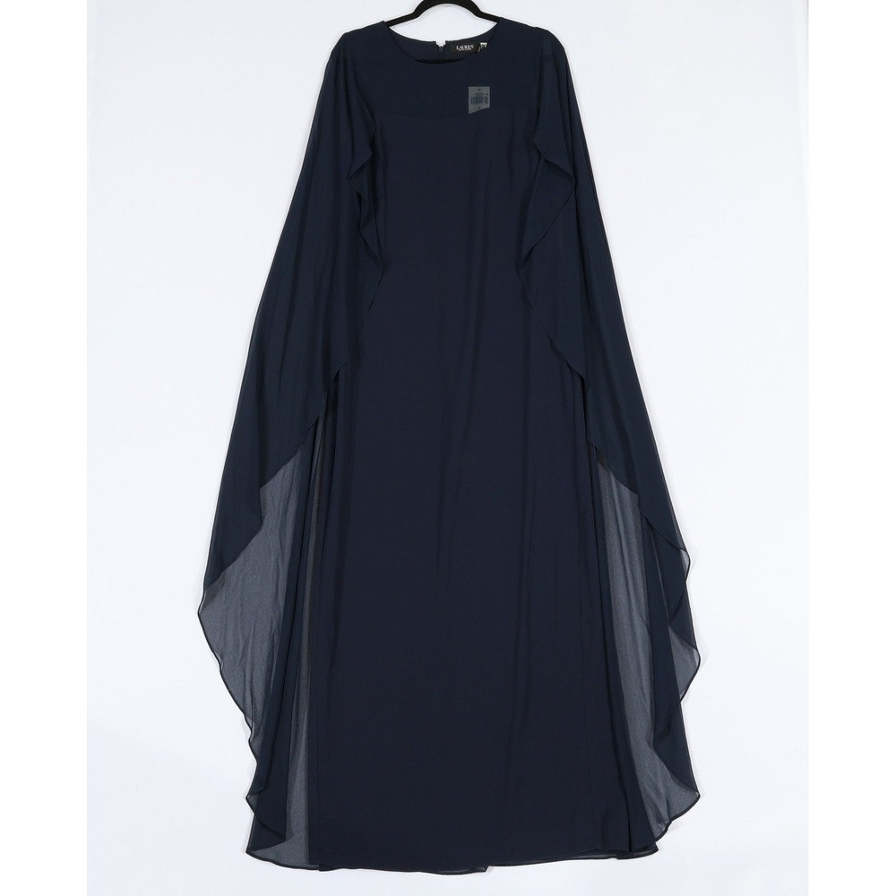 Lauren Ralph Lauren Gown Womens 8 Blue Cape Sleeve Elegant Formal Maxi NWT
